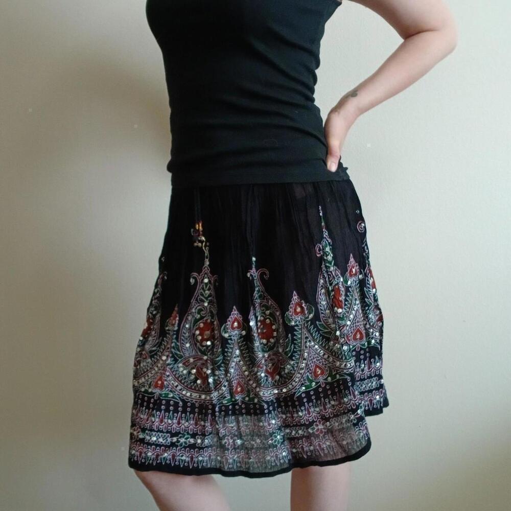 Black Embroidered Boho A-Line Skirt